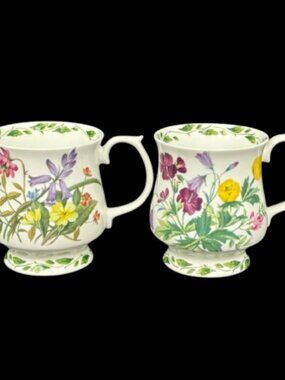 Vintage 1990's Queens England "The Garden"  Bone China Footed Floral Mugs Set 2